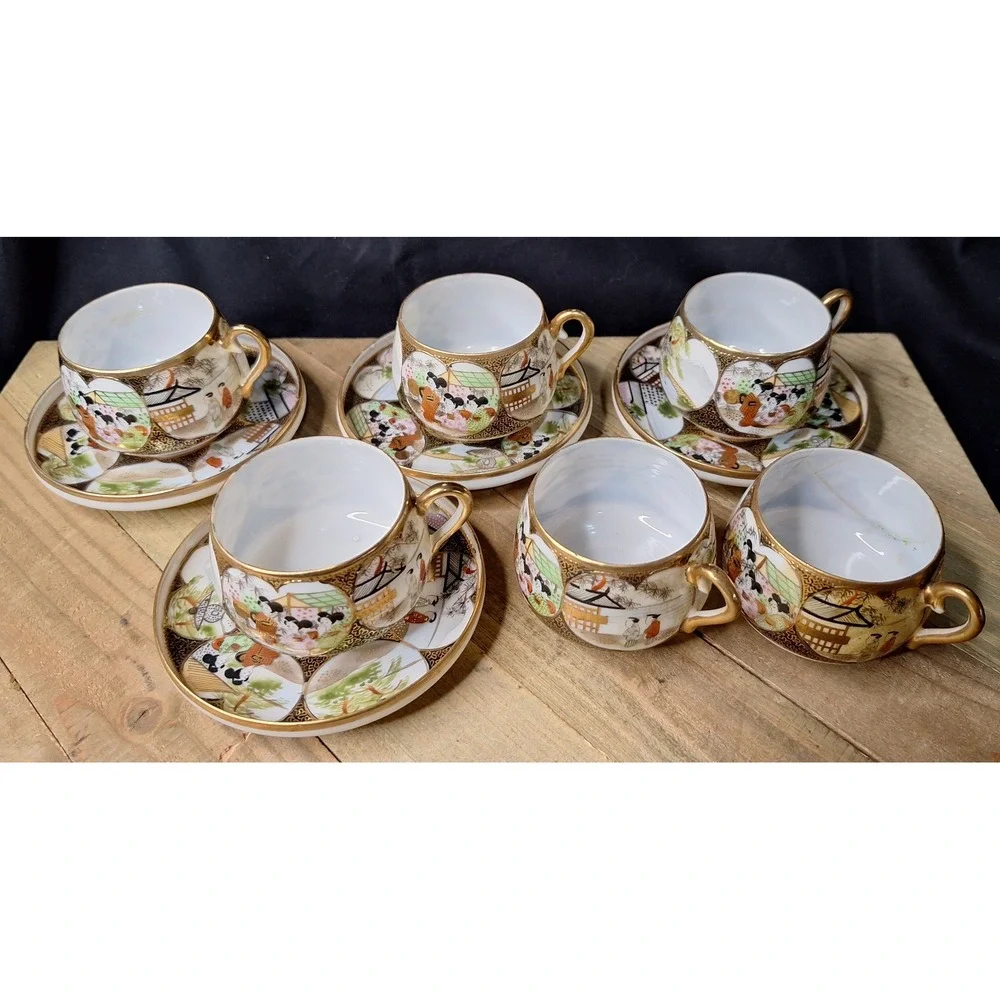 Antique Japanese Satsuma Eggshell‎ Porcelain Tea Cups & Saucers Set of 10 Geisha